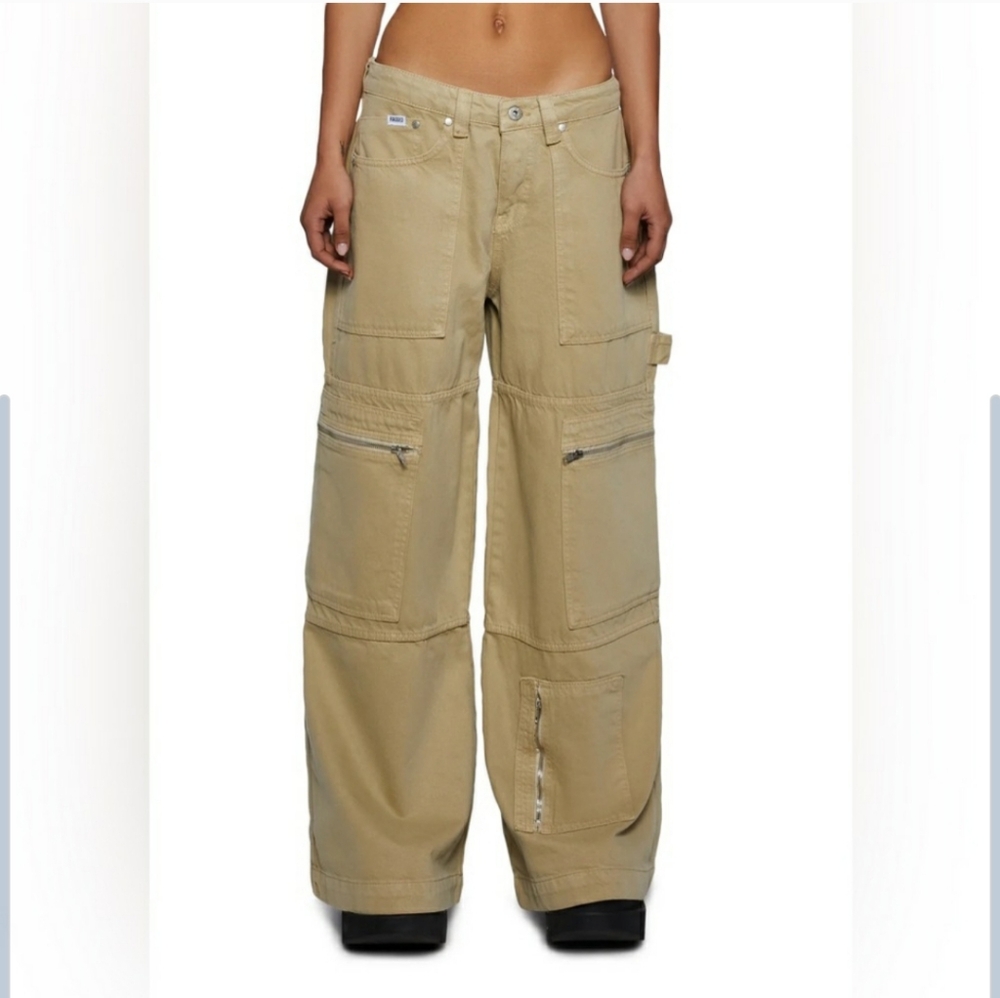 Ragged Jeans Priest Super Wide Leg High Rise Cargo Zip Sweeper 26 Tan Khaki Y2K